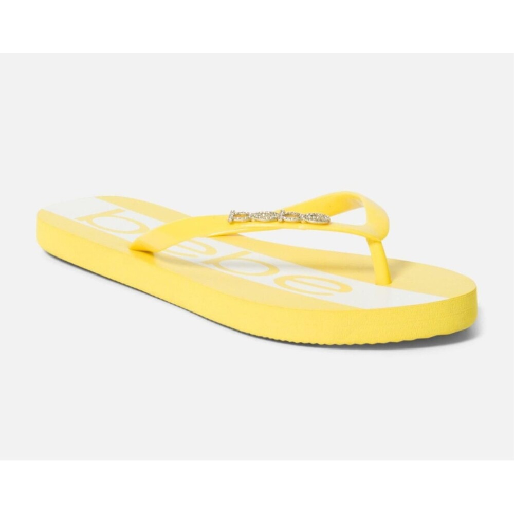 NEW bebe Woman's Tierla Logo Flip Flops, Yellow
